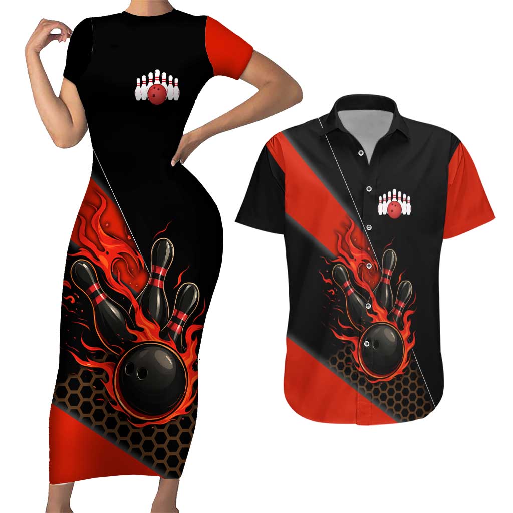 Personalized Bowling Tournament Couples Matching Short Sleeve Bodycon Dress and Hawaiian Shirt Ball Strike Black And Red Custom Bowling Team - Wonder Print Shop