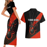 Personalized Bowling Tournament Couples Matching Short Sleeve Bodycon Dress and Hawaiian Shirt Ball Strike Black And Red Custom Bowling Team - Wonder Print Shop
