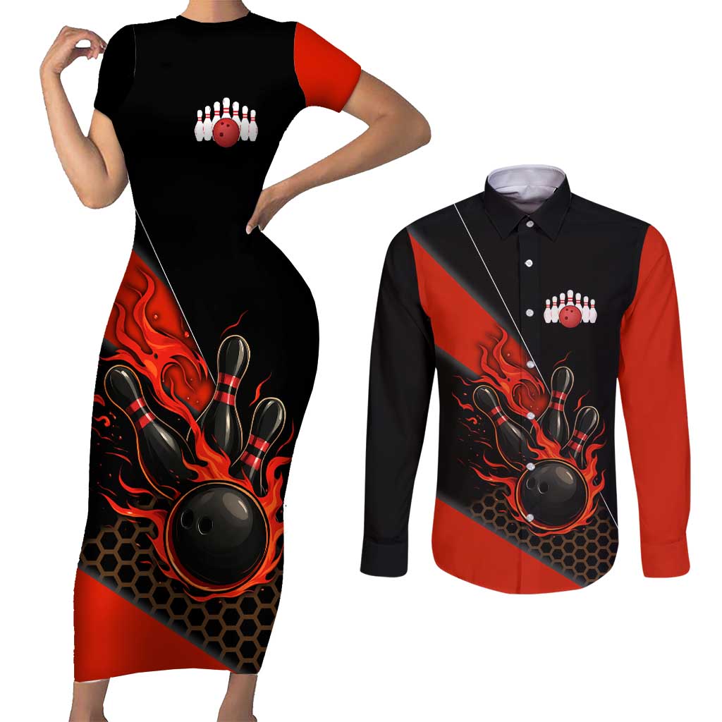 Personalized Bowling Tournament Couples Matching Short Sleeve Bodycon Dress and Long Sleeve Button Shirt Ball Strike Black And Red Custom Bowling Team - Wonder Print Shop
