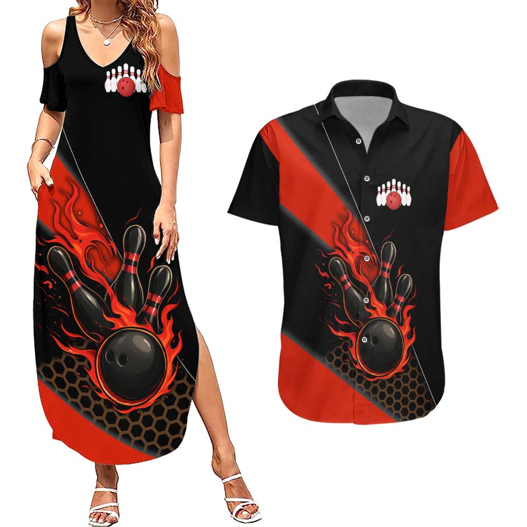 Personalized Bowling Tournament Couples Matching Summer Maxi Dress and Hawaiian Shirt Ball Strike Black And Red Custom Bowling Team - Wonder Print Shop