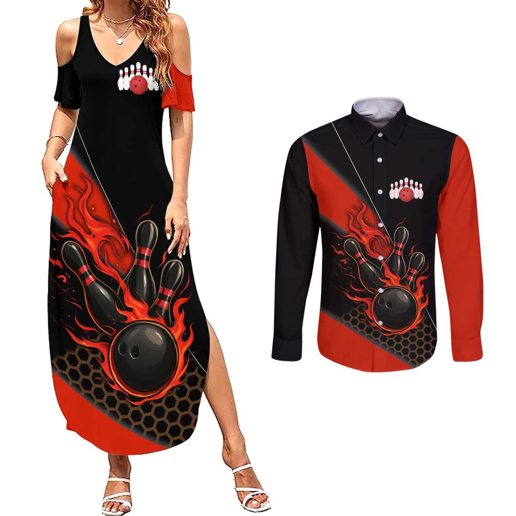 Personalized Bowling Tournament Couples Matching Summer Maxi Dress and Long Sleeve Button Shirt Ball Strike Black And Red Custom Bowling Team - Wonder Print Shop
