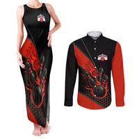 Personalized Bowling Tournament Couples Matching Tank Maxi Dress and Long Sleeve Button Shirt Ball Strike Black And Red Custom Bowling Team - Wonder Print Shop