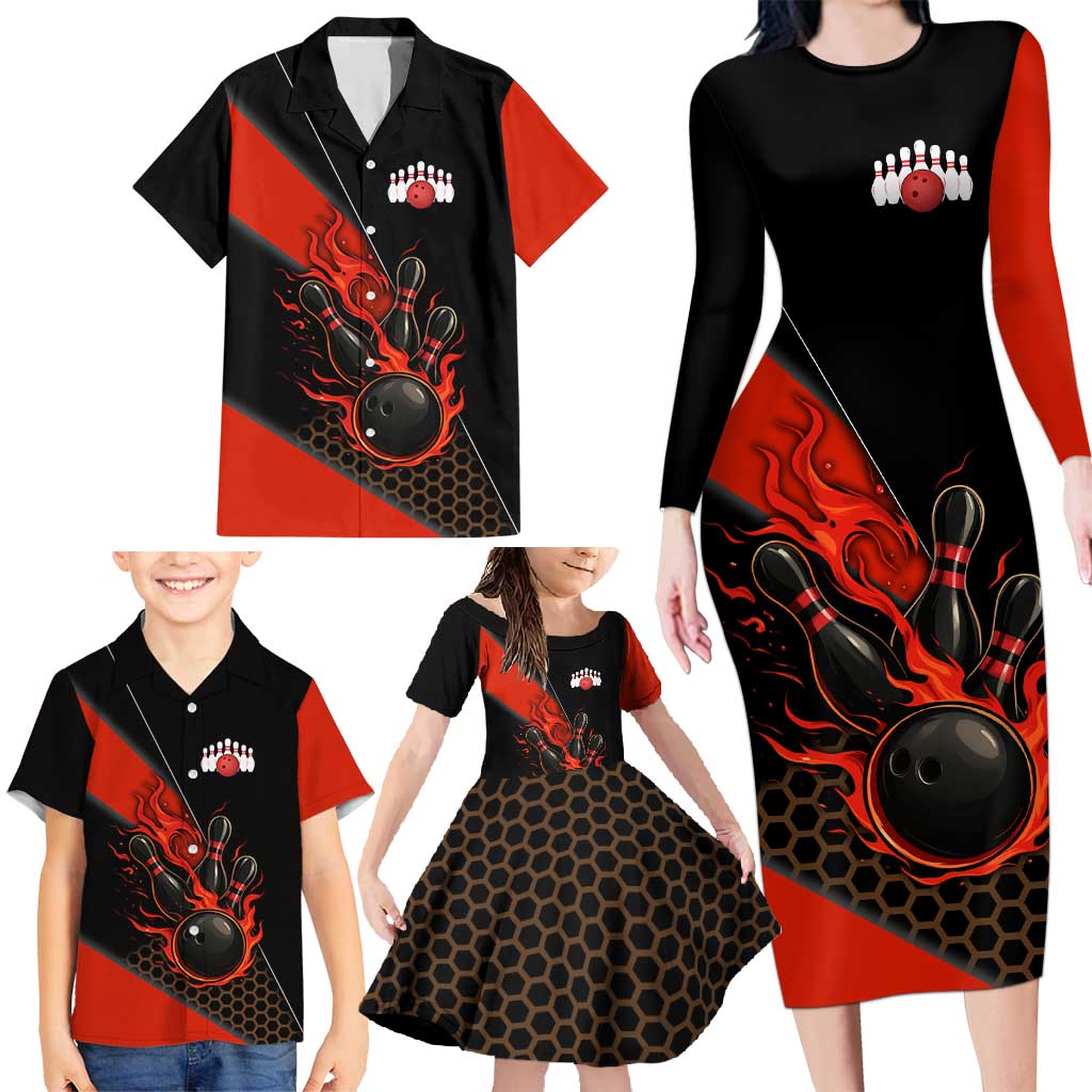 Personalized Bowling Tournament Family Matching Long Sleeve Bodycon Dress and Hawaiian Shirt Ball Strike Black And Red Custom Bowling Team - Wonder Print Shop