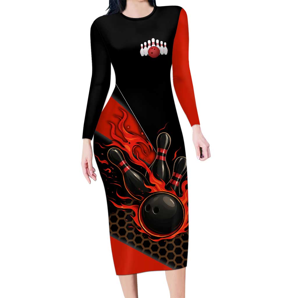 Personalized Bowling Tournament Family Matching Long Sleeve Bodycon Dress and Hawaiian Shirt Ball Strike Black And Red Custom Bowling Team - Wonder Print Shop