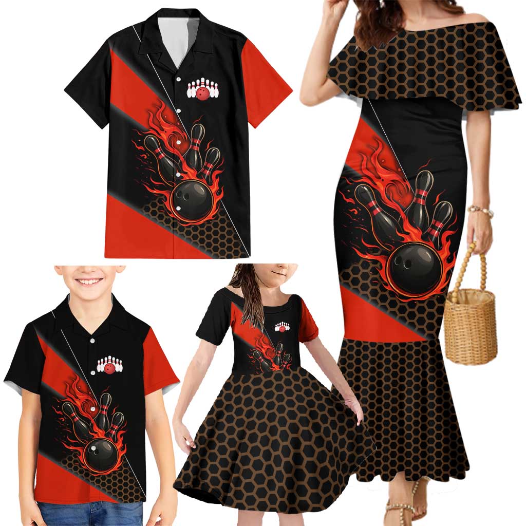 Personalized Bowling Tournament Family Matching Mermaid Dress and Hawaiian Shirt Ball Strike Black And Red Custom Bowling Team - Wonder Print Shop