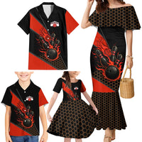 Personalized Bowling Tournament Family Matching Mermaid Dress and Hawaiian Shirt Ball Strike Black And Red Custom Bowling Team - Wonder Print Shop