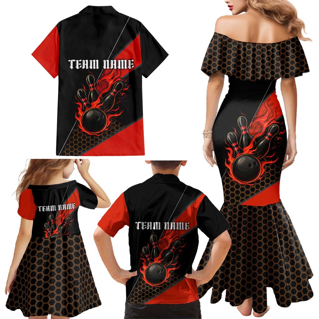 Personalized Bowling Tournament Family Matching Mermaid Dress and Hawaiian Shirt Ball Strike Black And Red Custom Bowling Team - Wonder Print Shop