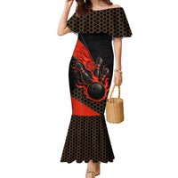 Personalized Bowling Tournament Family Matching Mermaid Dress and Hawaiian Shirt Ball Strike Black And Red Custom Bowling Team - Wonder Print Shop