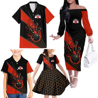 Personalized Bowling Tournament Family Matching Off The Shoulder Long Sleeve Dress and Hawaiian Shirt Ball Strike Black And Red Custom Bowling Team - Wonder Print Shop