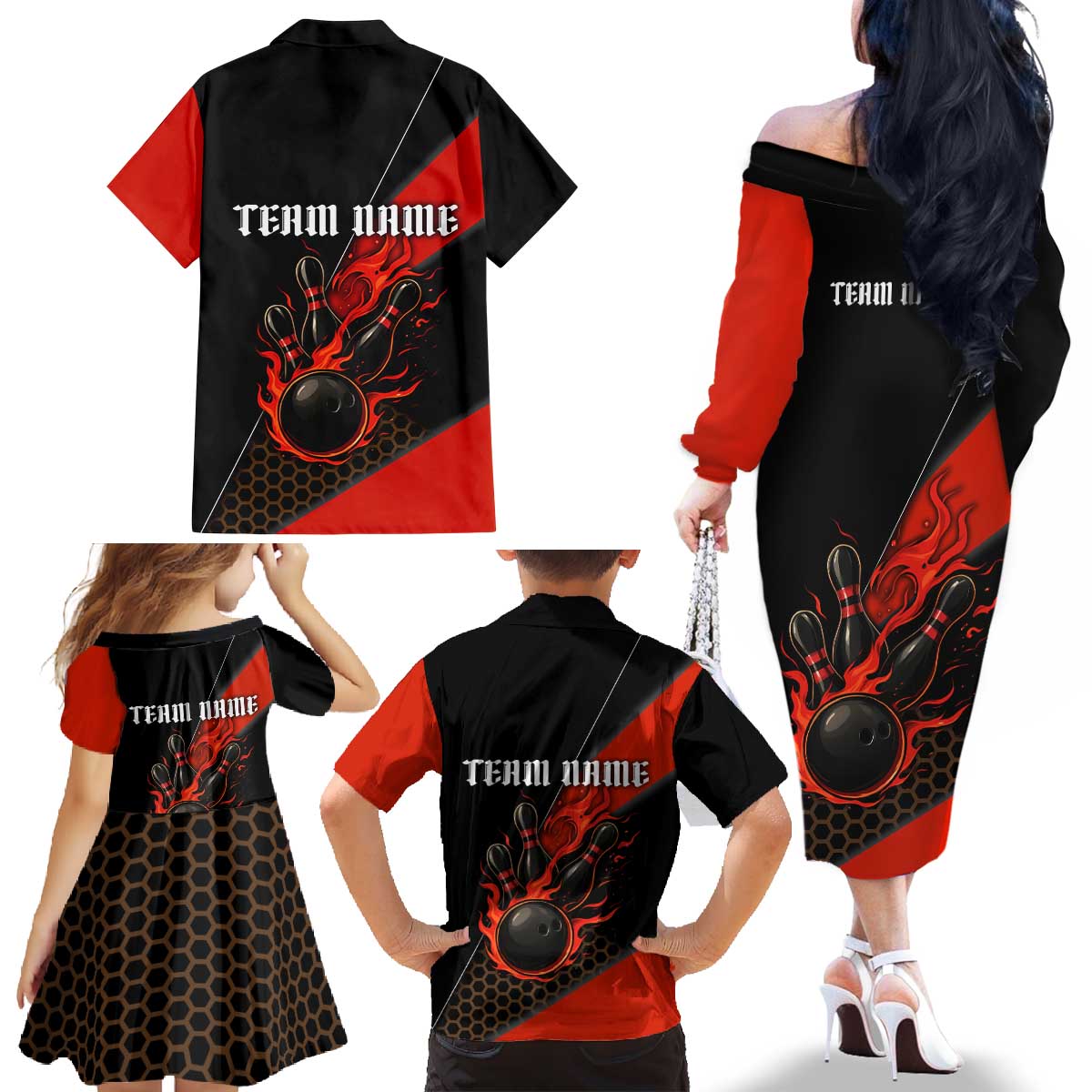 Personalized Bowling Tournament Family Matching Off The Shoulder Long Sleeve Dress and Hawaiian Shirt Ball Strike Black And Red Custom Bowling Team - Wonder Print Shop