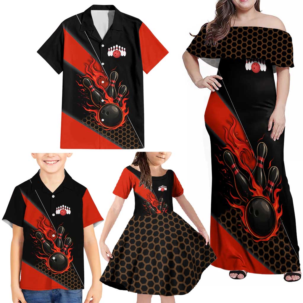 Personalized Bowling Tournament Family Matching Off Shoulder Maxi Dress and Hawaiian Shirt Ball Strike Black And Red Custom Bowling Team - Wonder Print Shop