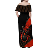 Personalized Bowling Tournament Family Matching Off Shoulder Maxi Dress and Hawaiian Shirt Ball Strike Black And Red Custom Bowling Team - Wonder Print Shop