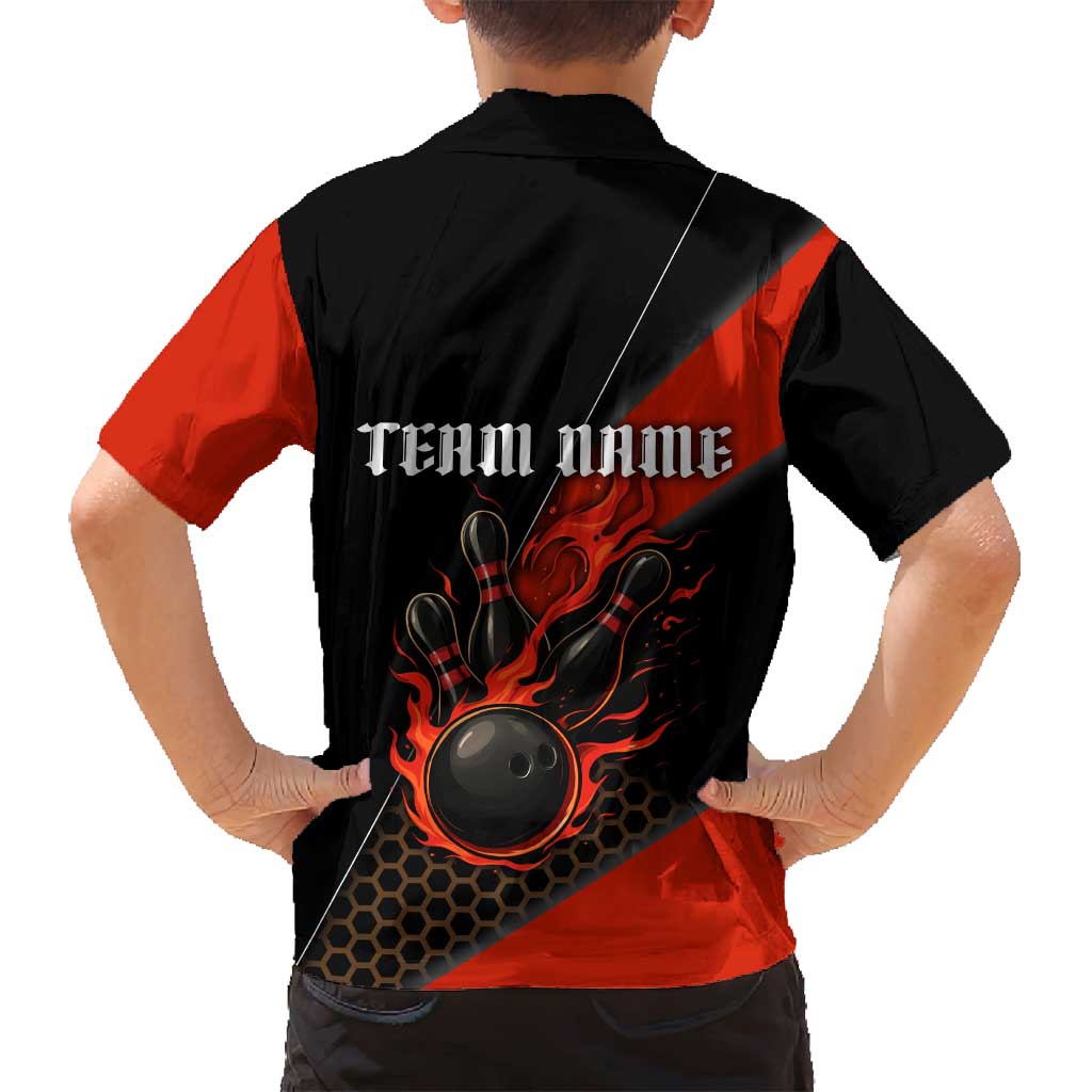 Personalized Bowling Tournament Family Matching Off Shoulder Short Dress and Hawaiian Shirt Ball Strike Black And Red Custom Bowling Team - Wonder Print Shop