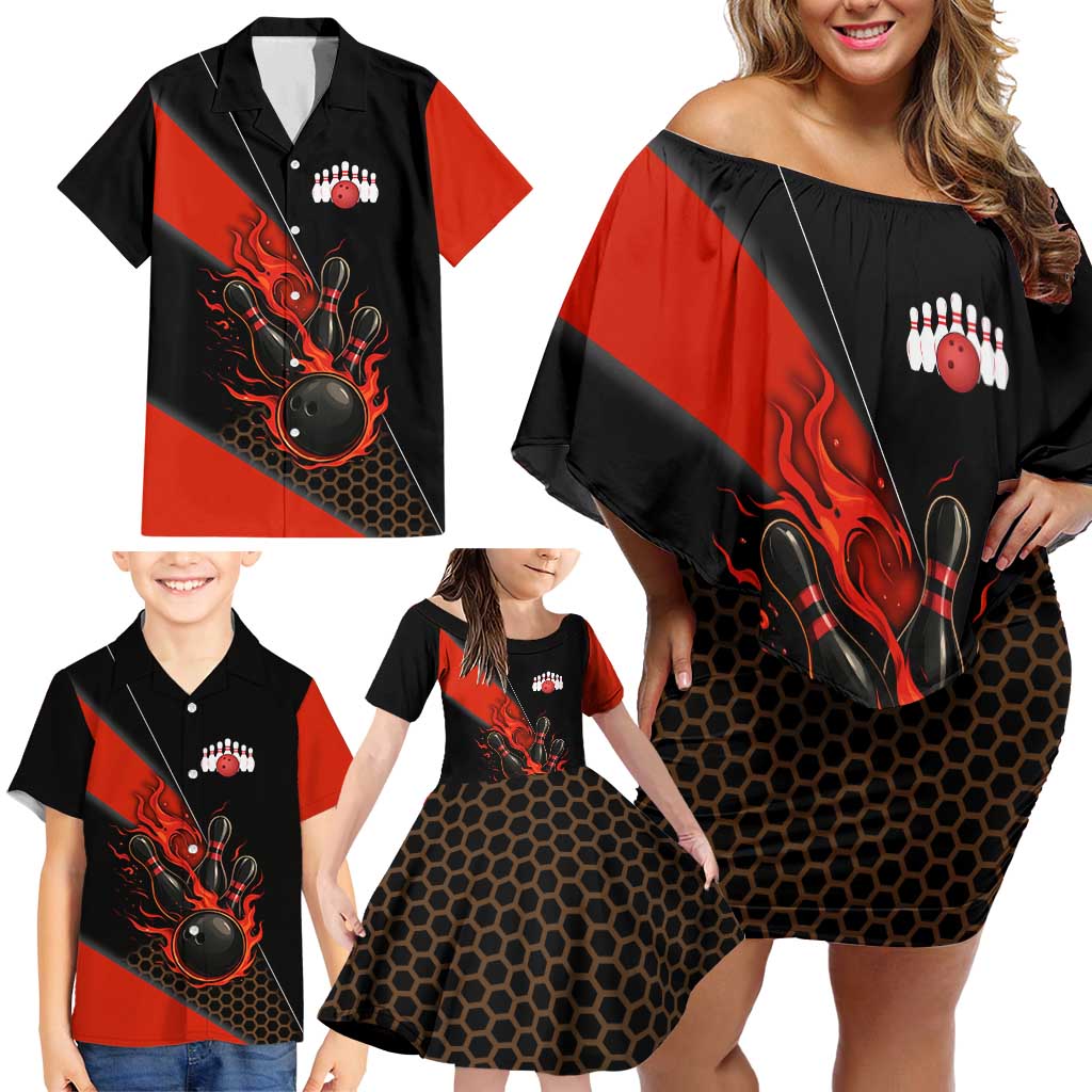 Personalized Bowling Tournament Family Matching Off Shoulder Short Dress and Hawaiian Shirt Ball Strike Black And Red Custom Bowling Team - Wonder Print Shop