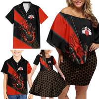 Personalized Bowling Tournament Family Matching Off Shoulder Short Dress and Hawaiian Shirt Ball Strike Black And Red Custom Bowling Team - Wonder Print Shop