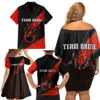 Personalized Bowling Tournament Family Matching Off Shoulder Short Dress and Hawaiian Shirt Ball Strike Black And Red Custom Bowling Team - Wonder Print Shop