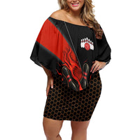 Personalized Bowling Tournament Family Matching Off Shoulder Short Dress and Hawaiian Shirt Ball Strike Black And Red Custom Bowling Team - Wonder Print Shop