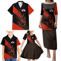 Personalized Bowling Tournament Family Matching Puletasi and Hawaiian Shirt Ball Strike Black And Red Custom Bowling Team - Wonder Print Shop