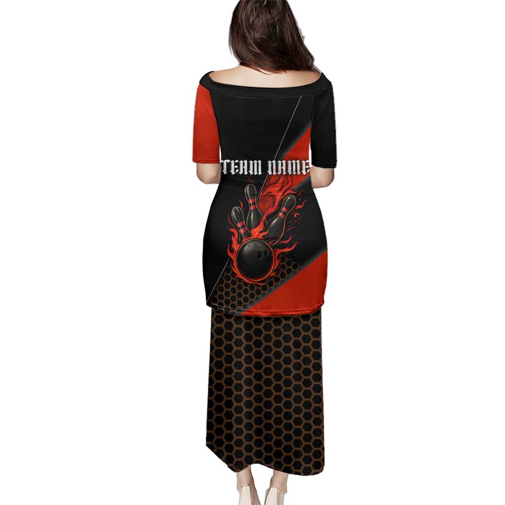 Personalized Bowling Tournament Family Matching Puletasi and Hawaiian Shirt Ball Strike Black And Red Custom Bowling Team - Wonder Print Shop