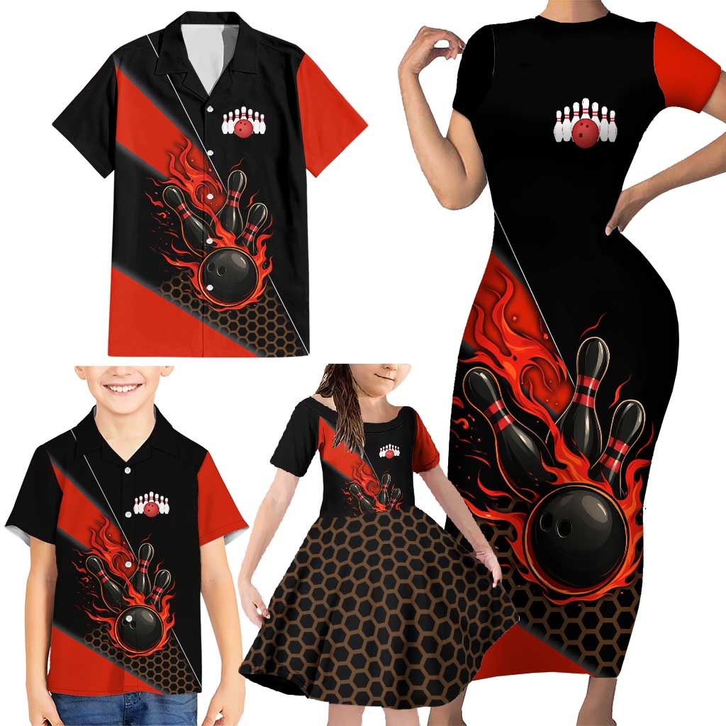 Personalized Bowling Tournament Family Matching Short Sleeve Bodycon Dress and Hawaiian Shirt Ball Strike Black And Red Custom Bowling Team - Wonder Print Shop