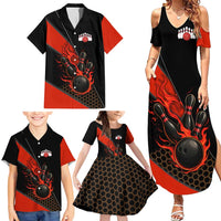 Personalized Bowling Tournament Family Matching Summer Maxi Dress and Hawaiian Shirt Ball Strike Black And Red Custom Bowling Team - Wonder Print Shop