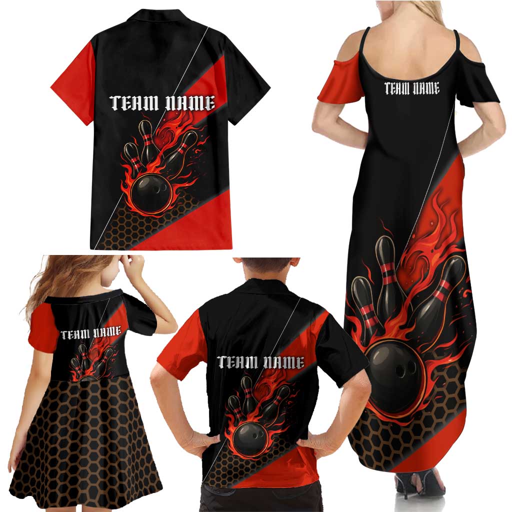 Personalized Bowling Tournament Family Matching Summer Maxi Dress and Hawaiian Shirt Ball Strike Black And Red Custom Bowling Team - Wonder Print Shop