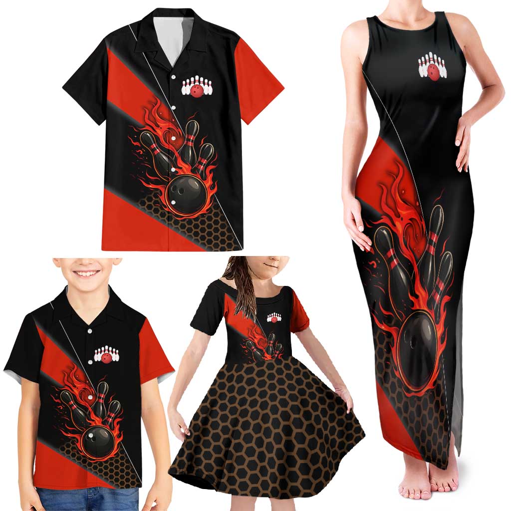 Personalized Bowling Tournament Family Matching Tank Maxi Dress and Hawaiian Shirt Ball Strike Black And Red Custom Bowling Team - Wonder Print Shop