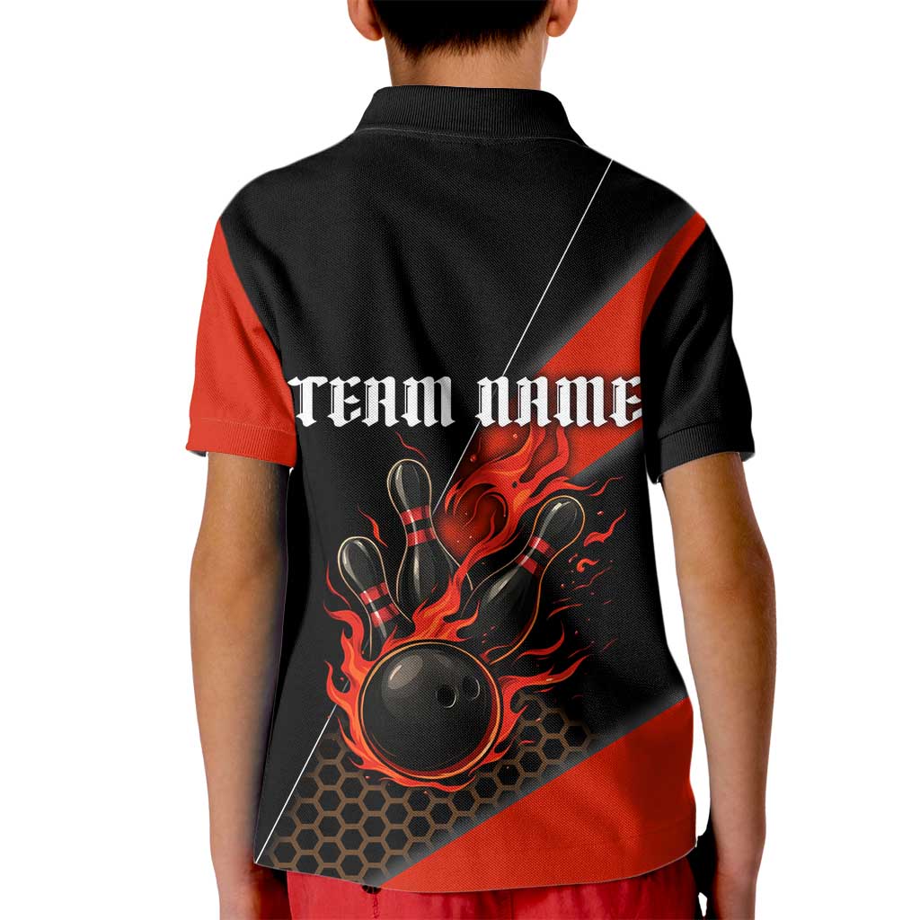 Personalized Bowling Tournament Kid Polo Shirt Ball Strike Black And Red Custom Bowling Team - Wonder Print Shop