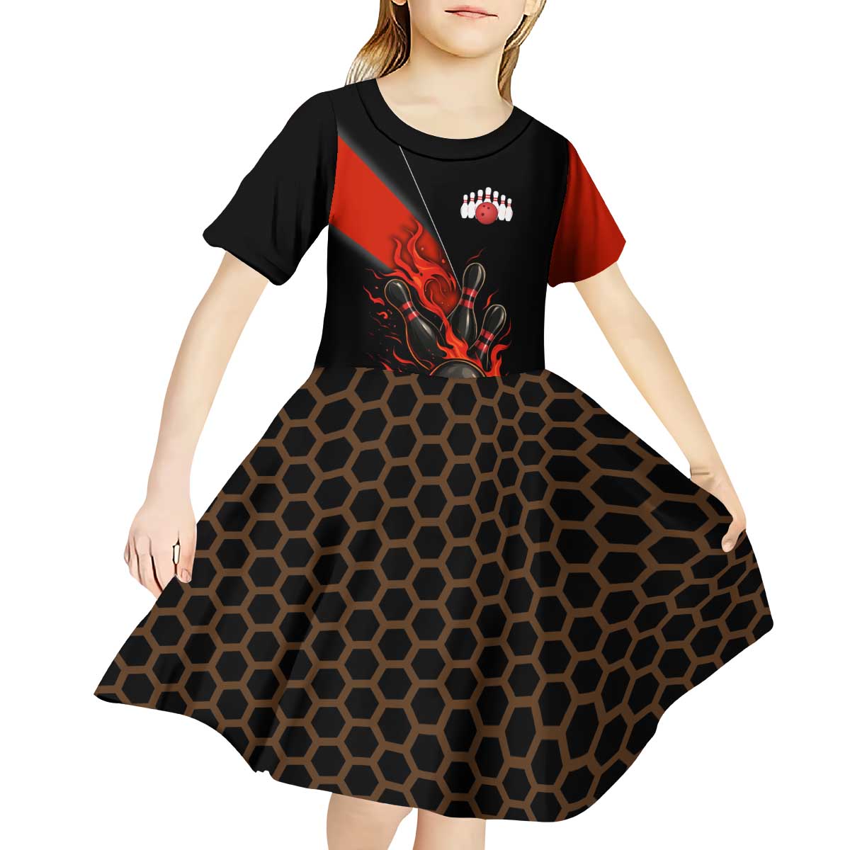 Personalized Bowling Tournament Kid Short Sleeve Dress Ball Strike Black And Red Custom Bowling Team - Wonder Print Shop