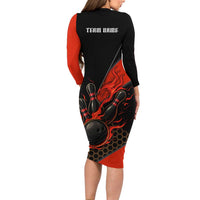 Personalized Bowling Tournament Long Sleeve Bodycon Dress Ball Strike Black And Red Custom Bowling Team - Wonder Print Shop