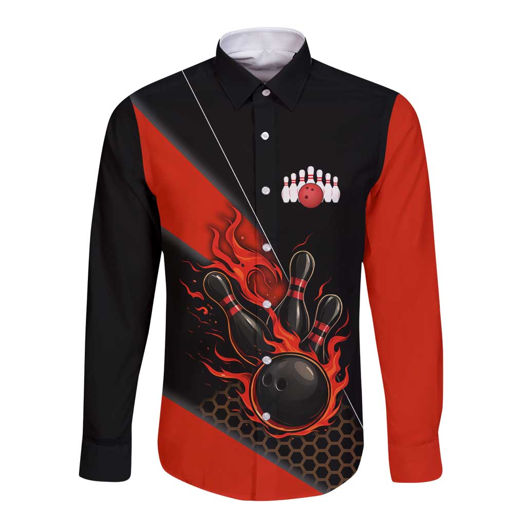 Personalized Bowling Tournament Long Sleeve Button Shirt Ball Strike Black And Red Custom Bowling Team - Wonder Print Shop