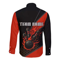 Personalized Bowling Tournament Long Sleeve Button Shirt Ball Strike Black And Red Custom Bowling Team - Wonder Print Shop