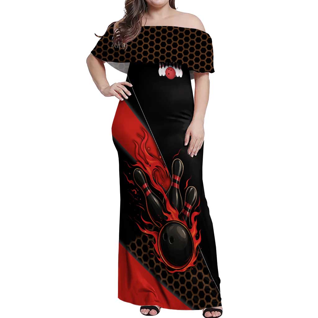 Personalized Bowling Tournament Off Shoulder Maxi Dress Ball Strike Black And Red Custom Bowling Team - Wonder Print Shop
