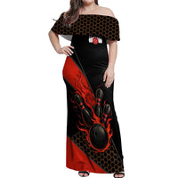 Personalized Bowling Tournament Off Shoulder Maxi Dress Ball Strike Black And Red Custom Bowling Team - Wonder Print Shop
