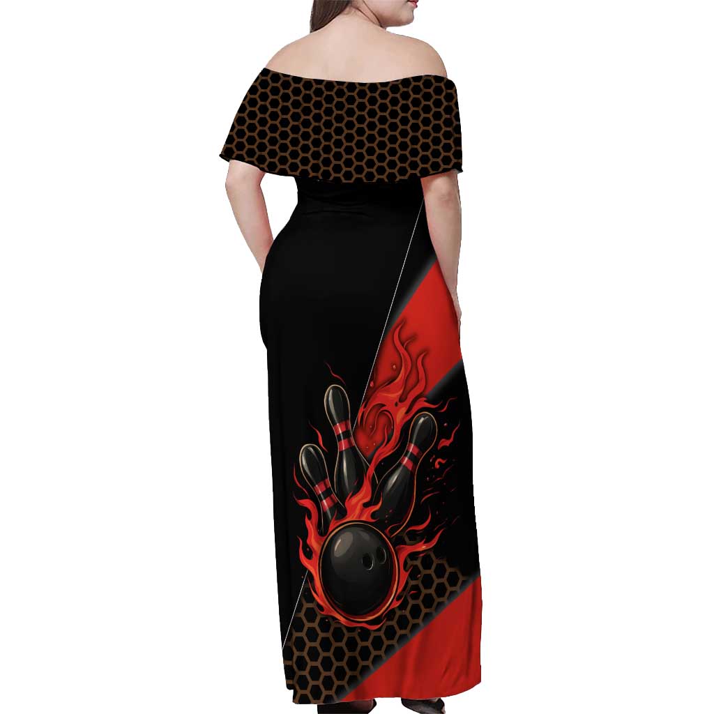 Personalized Bowling Tournament Off Shoulder Maxi Dress Ball Strike Black And Red Custom Bowling Team - Wonder Print Shop