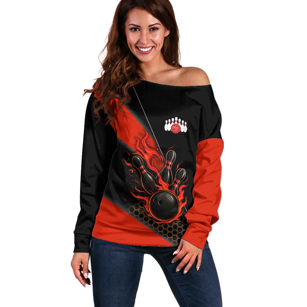 Personalized Bowling Tournament Off Shoulder Sweater Ball Strike Black And Red Custom Bowling Team - Wonder Print Shop