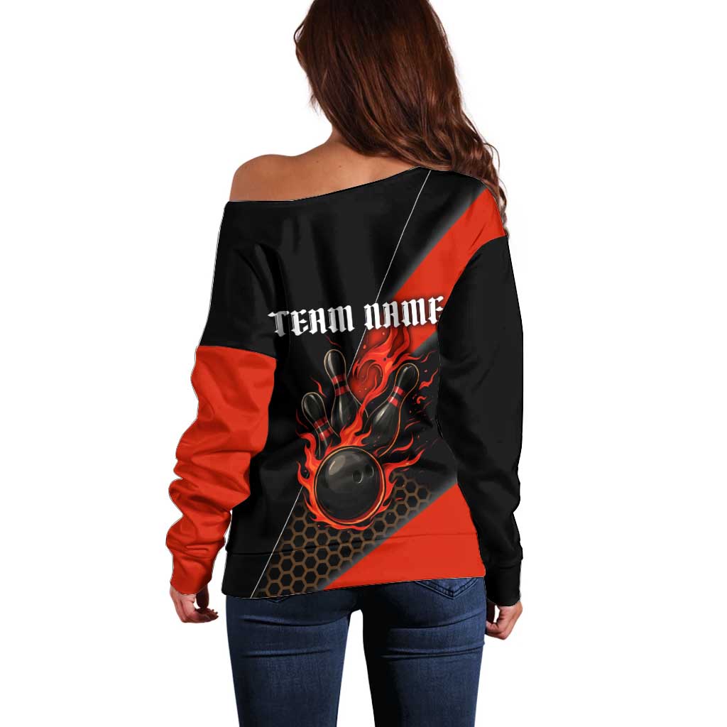 Personalized Bowling Tournament Off Shoulder Sweater Ball Strike Black And Red Custom Bowling Team - Wonder Print Shop