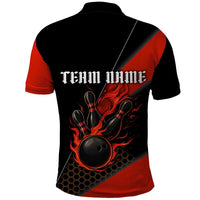 Personalized Bowling Tournament Polo Shirt Ball Strike Black And Red Custom Bowling Team - Wonder Print Shop