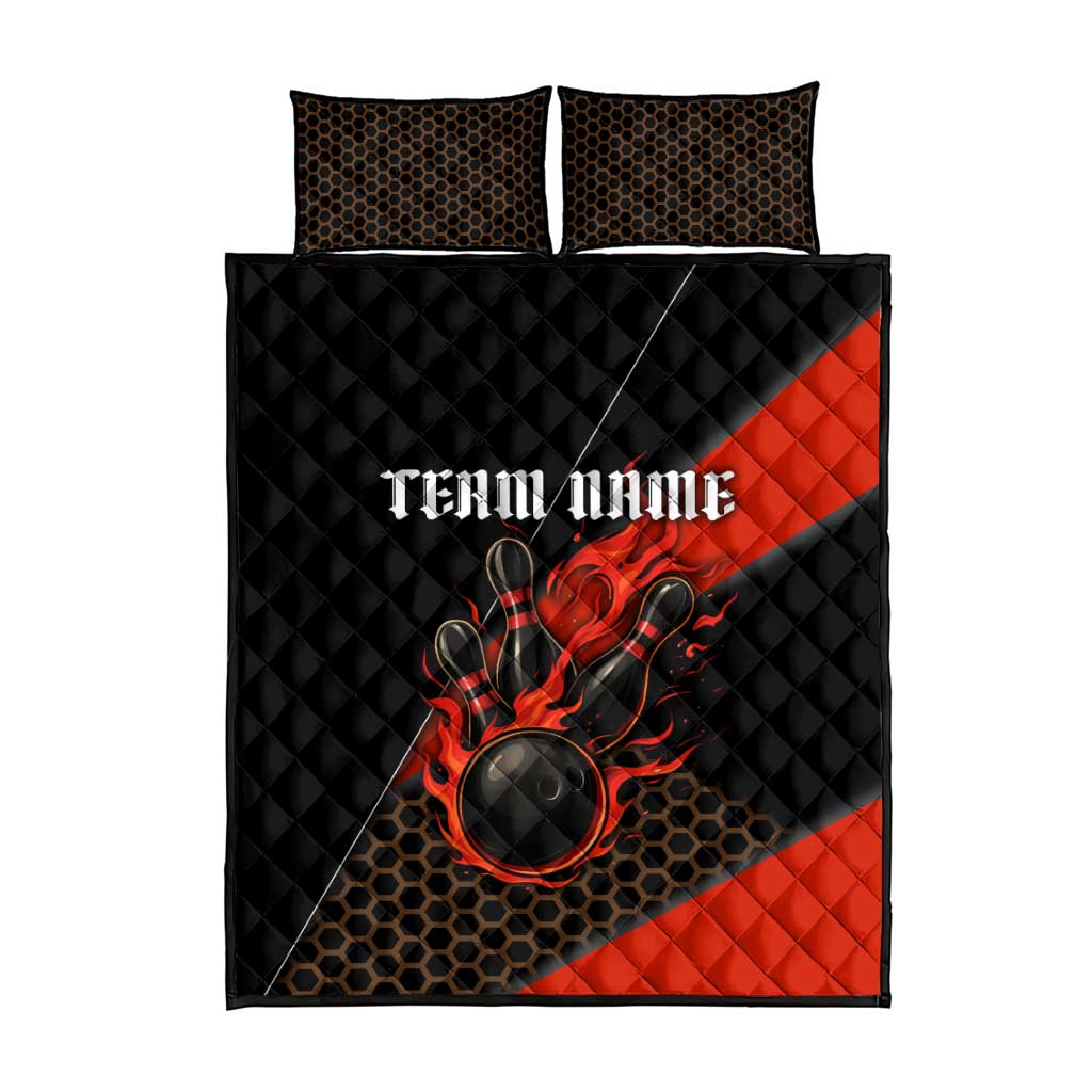 Personalized Bowling Tournament Quilt Bed Set Ball Strike Black And Red Custom Bowling Team - Wonder Print Shop