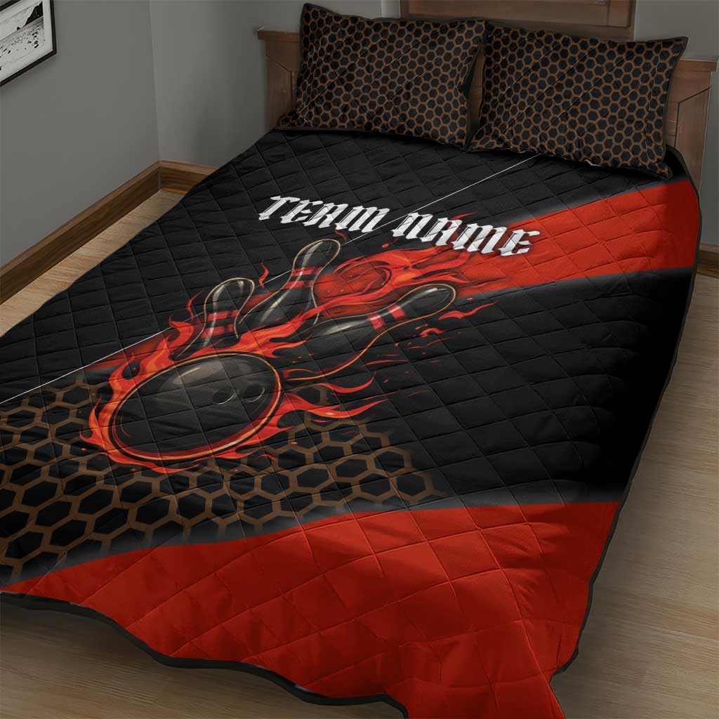 Personalized Bowling Tournament Quilt Bed Set Ball Strike Black And Red Custom Bowling Team - Wonder Print Shop