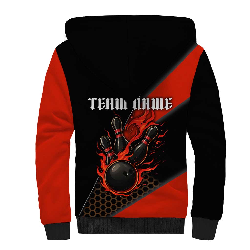 Personalized Bowling Tournament Sherpa Hoodie Ball Strike Black And Red Custom Bowling Team - Wonder Print Shop