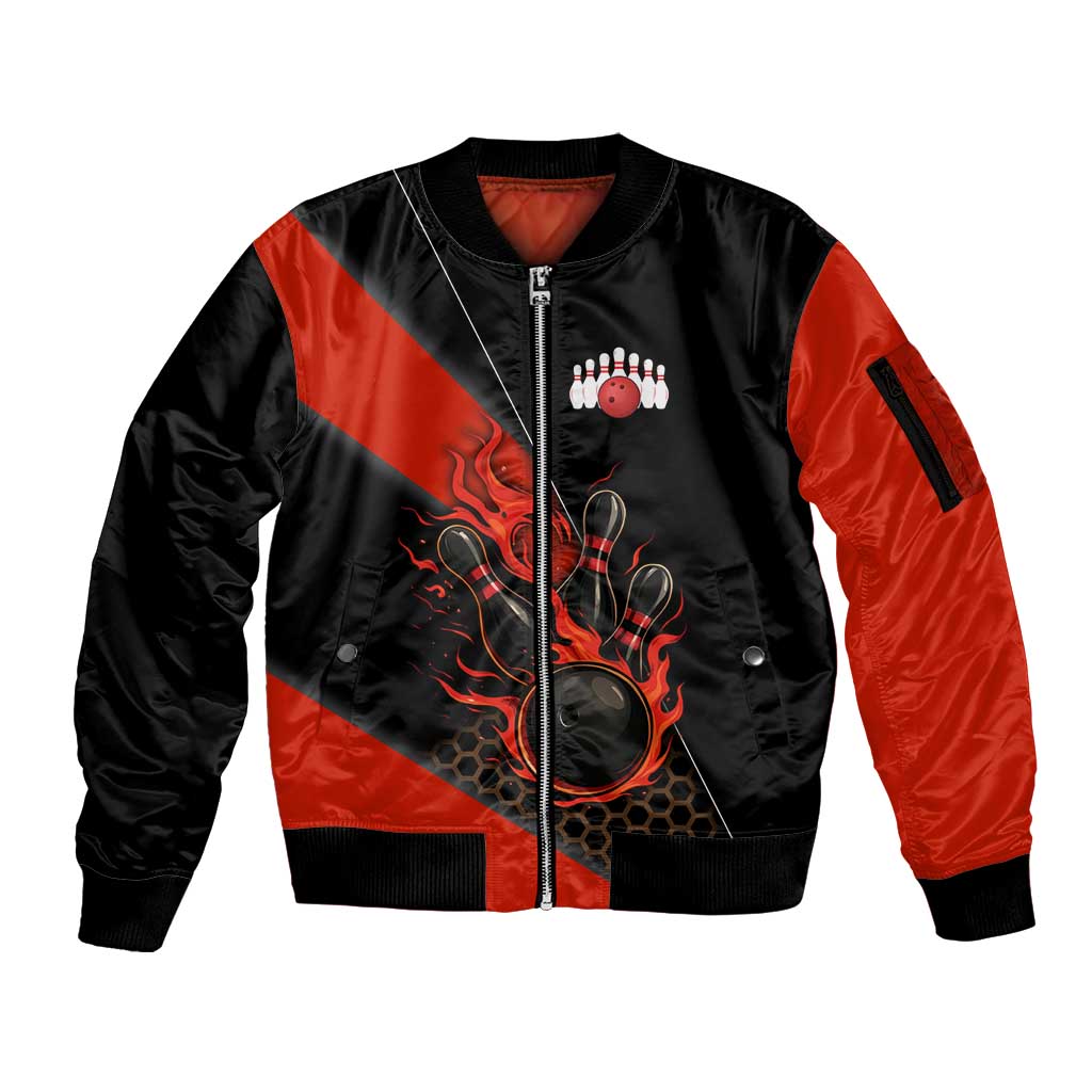 Personalized Bowling Tournament Sleeve Zip Bomber Jacket Ball Strike Black And Red Custom Bowling Team - Wonder Print Shop