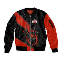 Personalized Bowling Tournament Sleeve Zip Bomber Jacket Ball Strike Black And Red Custom Bowling Team - Wonder Print Shop