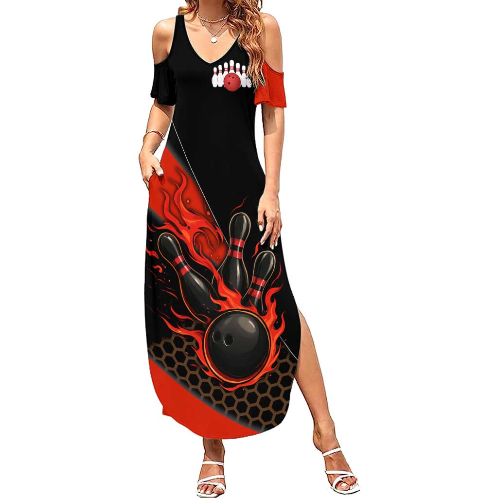 Personalized Bowling Tournament Summer Maxi Dress Ball Strike Black And Red Custom Bowling Team - Wonder Print Shop