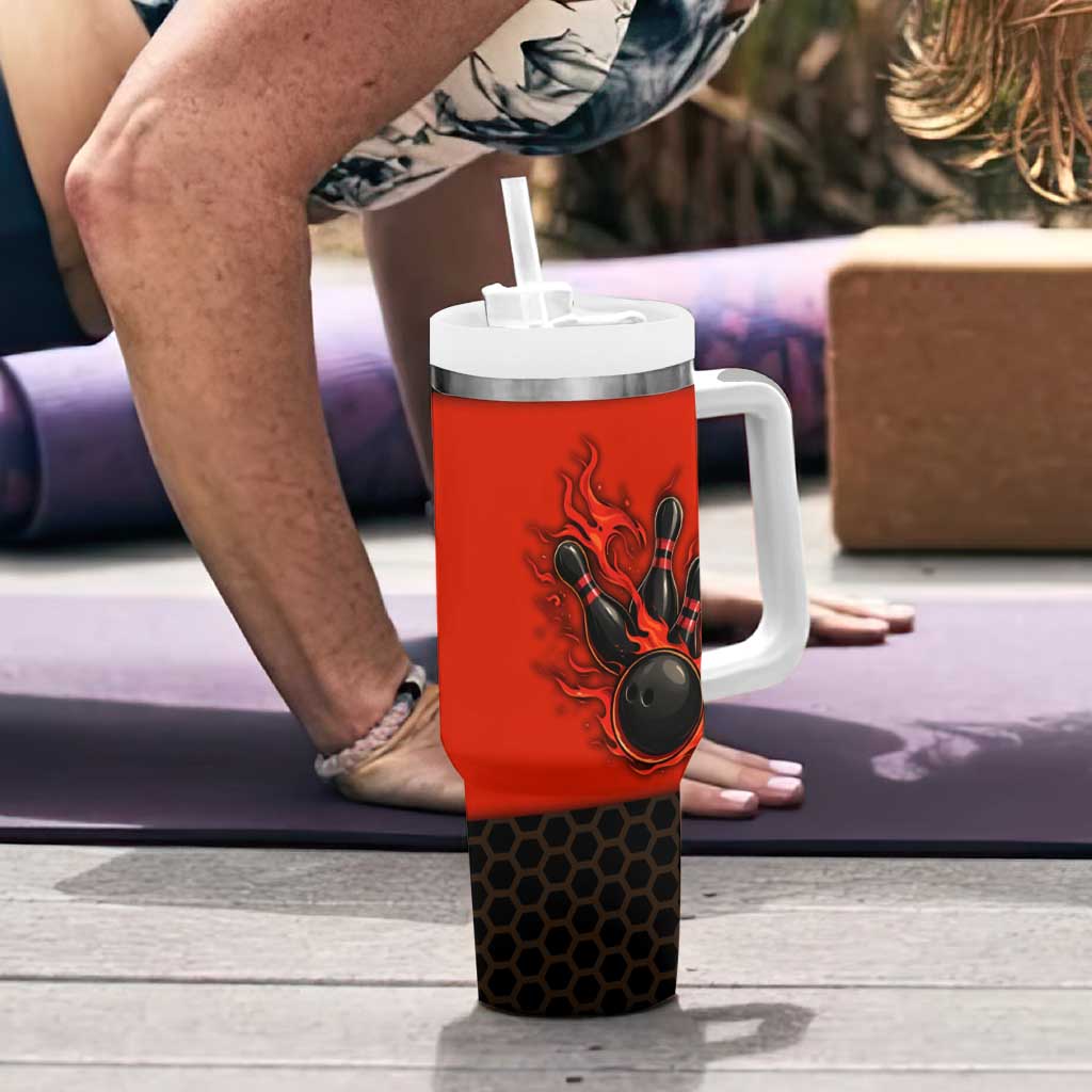 Personalized Bowling Tournament Tumbler With Handle Ball Strike Black And Red Custom Bowling Team - Wonder Print Shop