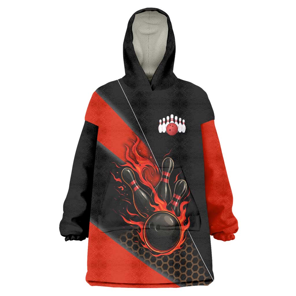 Personalized Bowling Tournament Wearable Blanket Hoodie Ball Strike Black And Red Custom Bowling Team - Wonder Print Shop