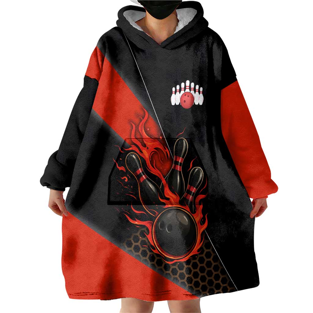 Personalized Bowling Tournament Wearable Blanket Hoodie Ball Strike Black And Red Custom Bowling Team - Wonder Print Shop