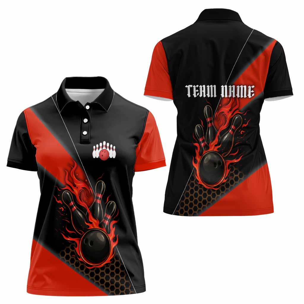 Personalized Bowling Tournament Women Polo Shirt Ball Strike Black And Red Custom Bowling Team - Wonder Print Shop