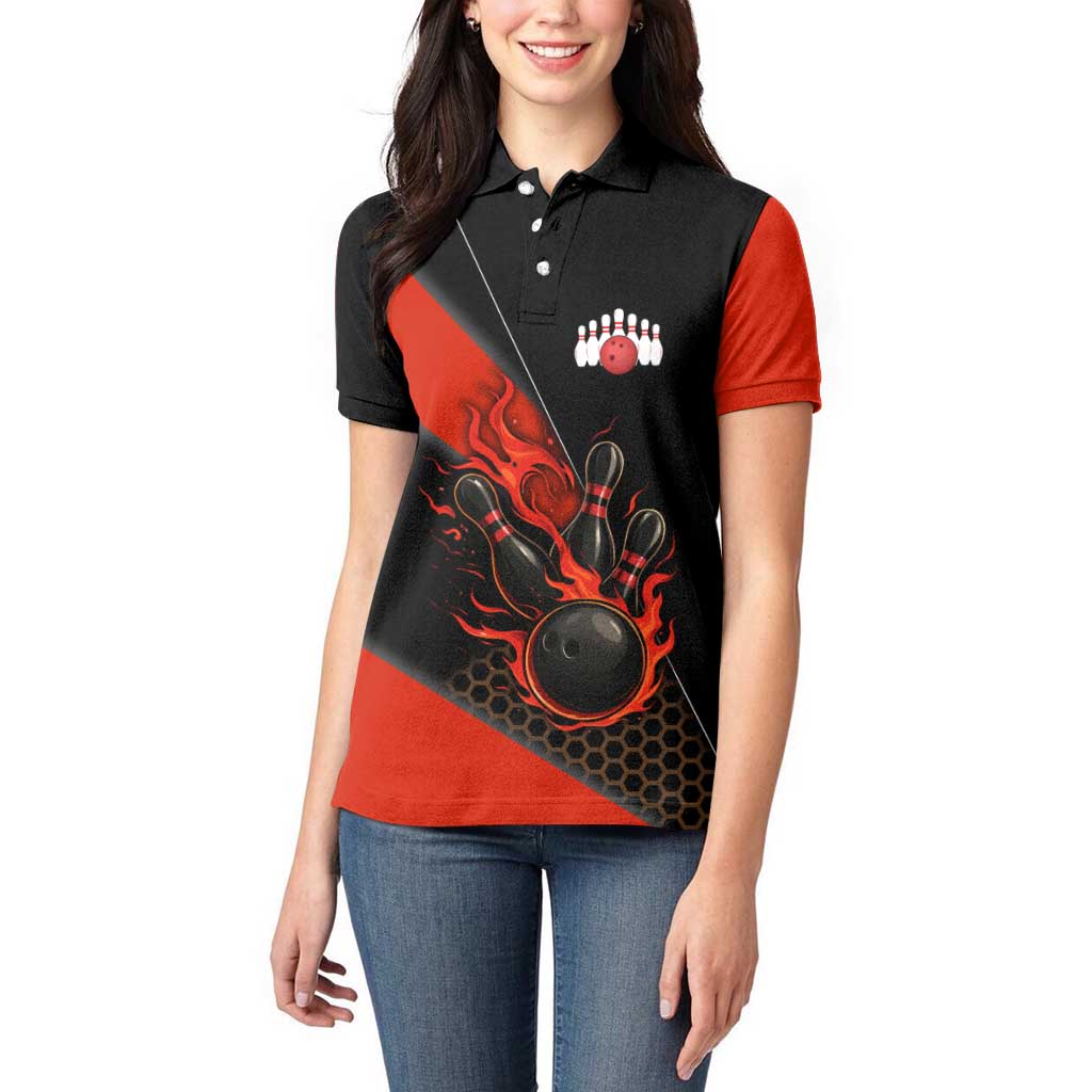 Personalized Bowling Tournament Women Polo Shirt Ball Strike Black And Red Custom Bowling Team - Wonder Print Shop