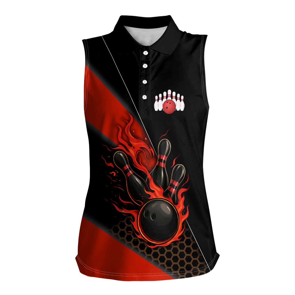 Personalized Bowling Tournament Women Sleeveless Polo Shirt Ball Strike Black And Red Custom Bowling Team - Wonder Print Shop